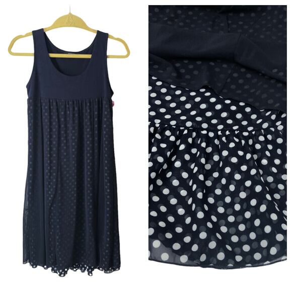 Mouth Valley Navy Blue Polka Dot Mesh Overlay Dress Empire Waist Size US Small - Picture 1 of 6